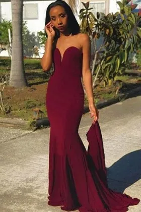 maroon spandex strapless sweetheart long prom dress