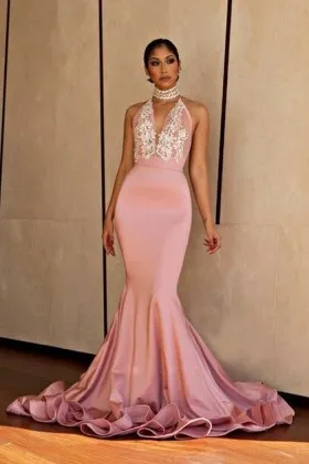 White lace appliqued halter pink satin mermaid gown