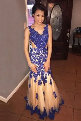 cobalt blue lace champagne tulle mermaid prom dress