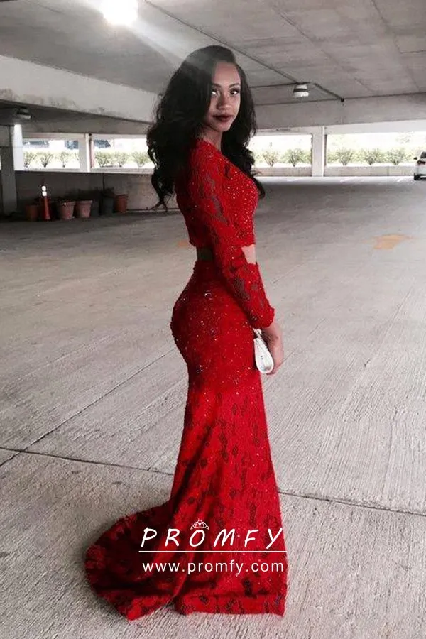 red lace two piece dress