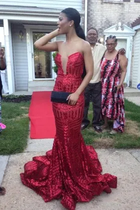 red striped sequin strapless long train prom dress