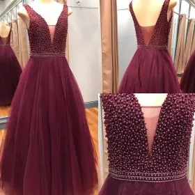 Pearls embellished burgundy tulle prom gown