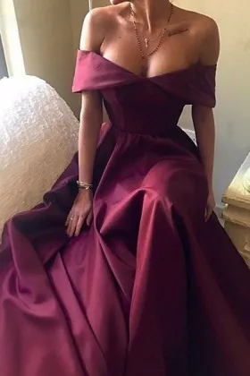 off the shoulder maroon satin puffy long prom dress