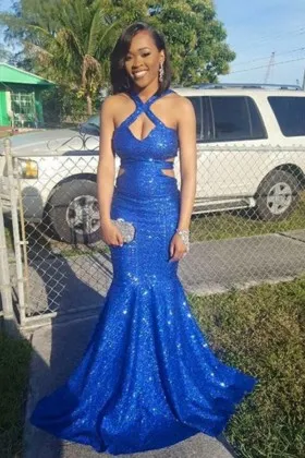 cobalt blue sequin crossed straps cut out prom gown
