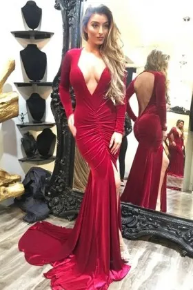 red velvet plunging neck open back sleeved draped prom dress