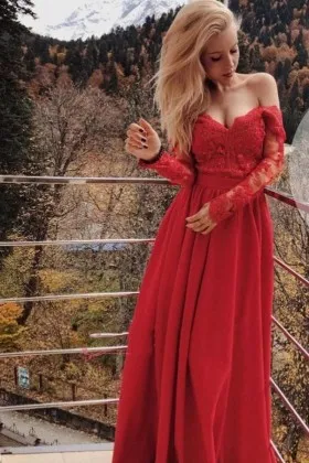 off shoulder long sleeve red lace satin prom gown