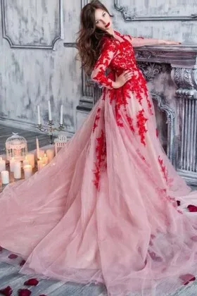 Red Lace Tulle Long Sleeve Engagement Prom Dress