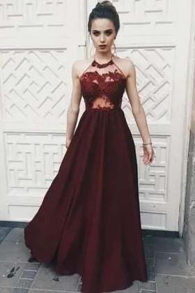 halter neck illusion lace plum satin long prom gown