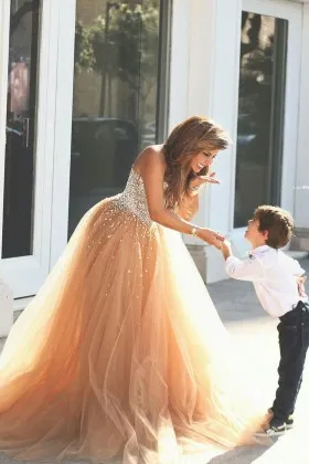 pearls embellished champagne nude tulle long prom gown