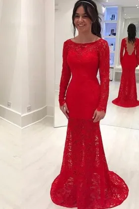 feminine long sleeve low back red lace formal dress