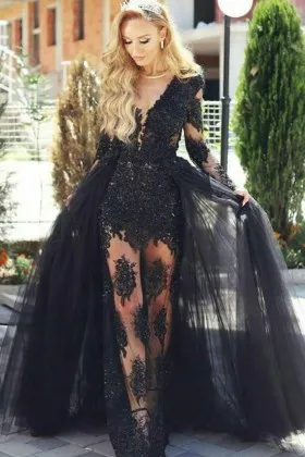 Sheer Black Lace Sheath Prom Dress with 