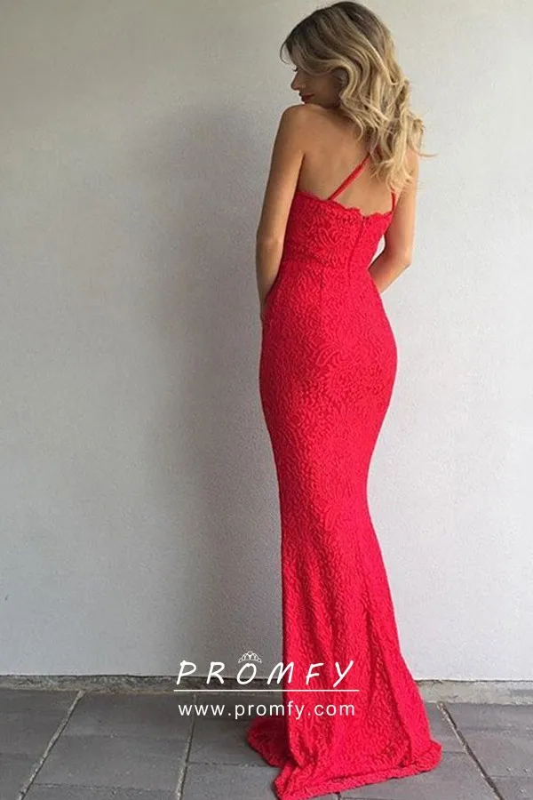 Red Lace Halter Neck Long Sheath Simple Prom Dress - Promfy