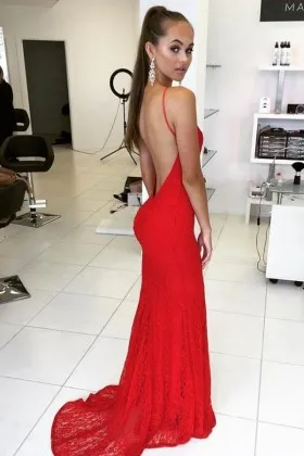 open back red lace spaghetti straps sexy prom dress