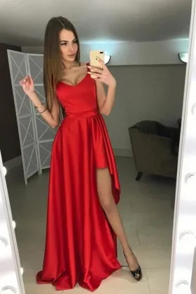 shiny scarlet red satin high low simple prom dress