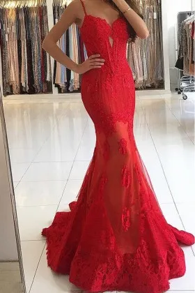 red lace spaghetti straps long mermaid prom dress
