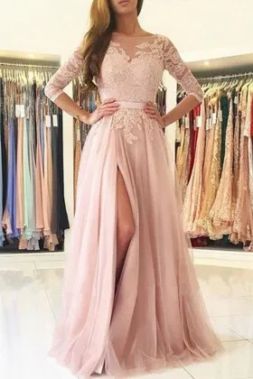 pale pink lace tulle 34 sleeves A line prom gown