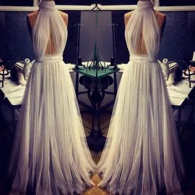 smoke grey glitter tulle high neck A line prom gown