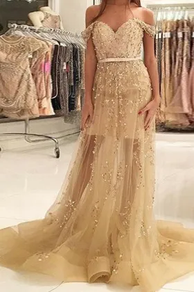 Champagne Sheer Glitter Tulle Off the shoulder gown