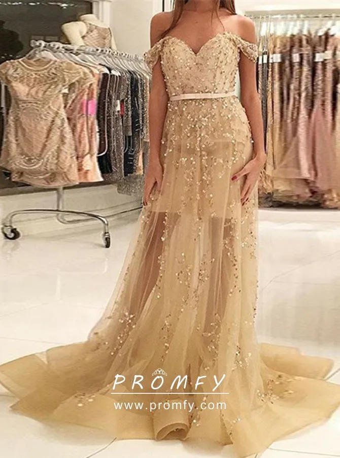 Tulle Sparkle  Champagne Off The Shoulder Prom Dress