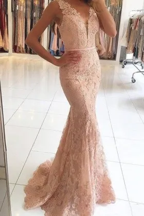 Nude Pink Lace Overlaid Mermaid Long Formal Dress