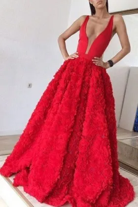 red satin 3D rose plunging neck puffy prom dress