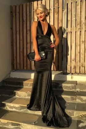 Black Satin Plunging Neck Mermaid Drop Waist Dress