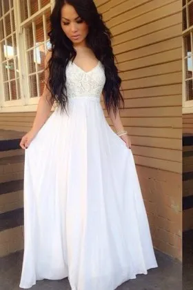 V neck lace chiffon A line long simple prom dress