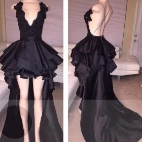 backless black lace satin ruffled tiered high low prom dress