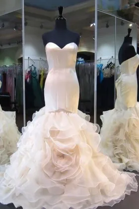 strapless ruffled organza trumpet bridal prom dress
