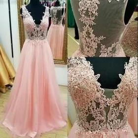 plunging neck pink lace tulle illusion prom dress
