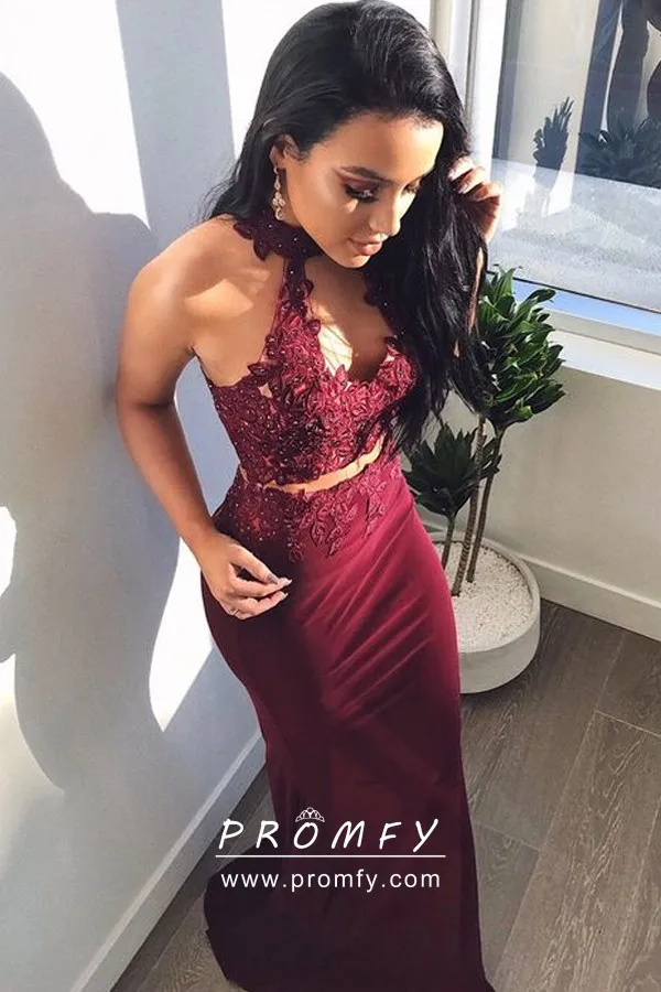 Beaded Lace Burgundy Spandex Prom Dress ...