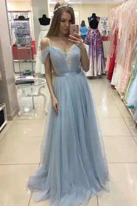 cold shoulder ice blue tulle A line prom dress