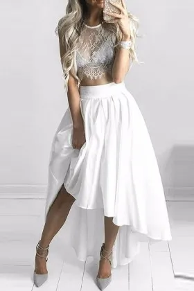cap sleeve sheer lace satin two piece high low prom gown