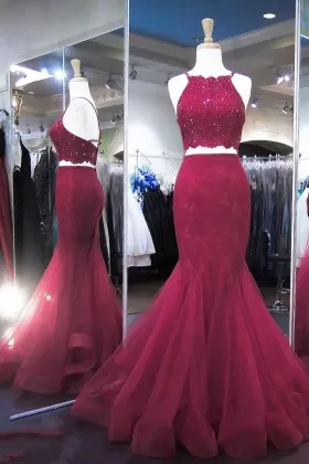 beaded lace maroon long trumpet two piece prom gown