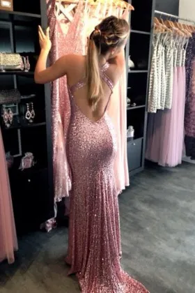 open back with straps pink sequin prom dress with short train