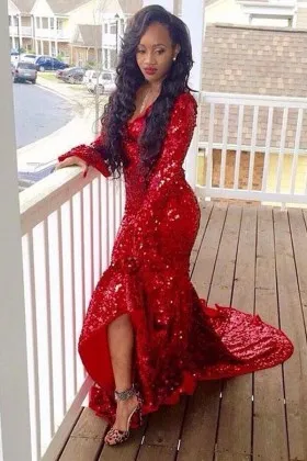 red sequin V neck long sleeve mermaid prom dress