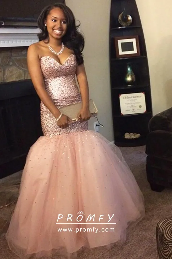 blush sequin prom dress