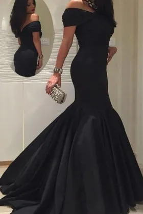 off the shoulder black satin mermaid formal dress