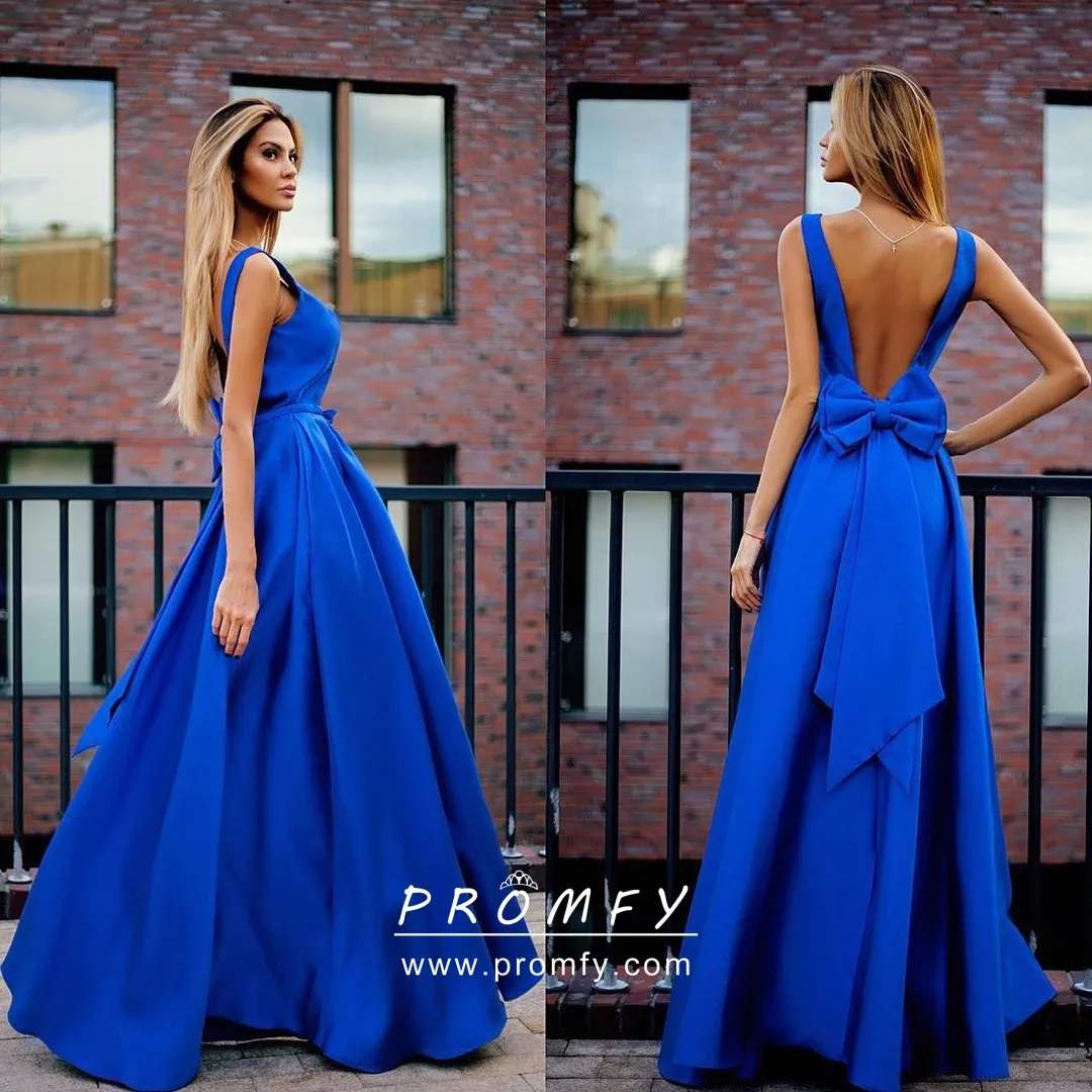 Bow Royal Blue Satin Formal Dress 