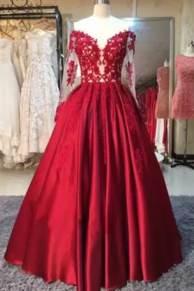 off shoulder sleeved red lace satin prom ball gown