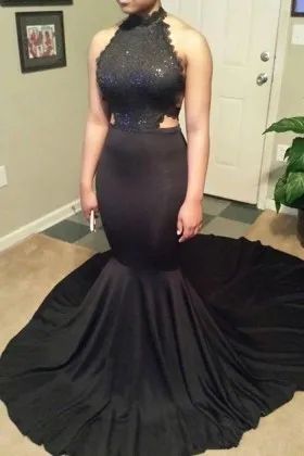 halter neck black lace spandex mermaid prom dress