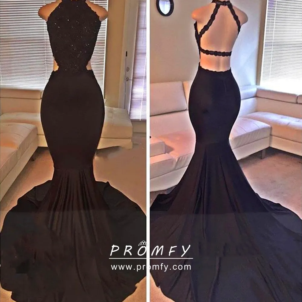 Halter Neck Black Lace & Spandex Mermaid Prom Dress - Promfy