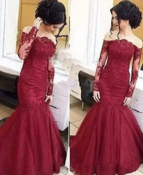 off shoulder sleeved mahogany red trumpet prom gown