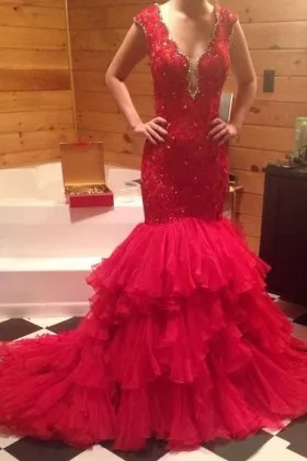 beaded red lace tiered tulle trumpet prom dress