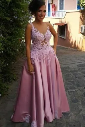 illusion rose pink lace satin A line prom dress