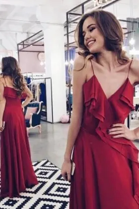 Garnet Red Spaghetti Straps Ruffled Party Dress