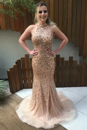 Diamond Nude Tulle Halter Neck Mermaid Prom Dress