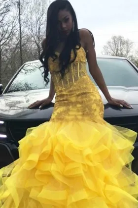 yellow lace flounced organza trumpet prom dress