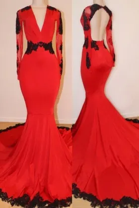 open back red spandex black lace mermaid prom dress