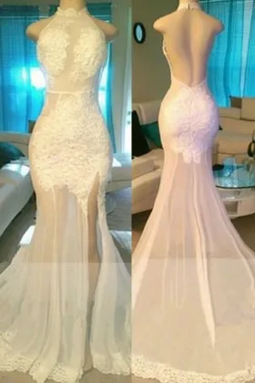 illusion white lace sheer tulle split prom dress